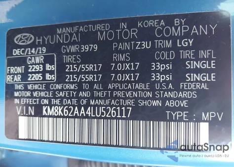 2020 Hyundai Kona Sel Plus z USA, uszkodzony, nr VIN KM8K62AA4LU526117